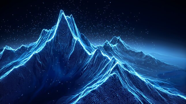 Abstract digital mountain landscape formed by glowing blue light lines and data points in dark space