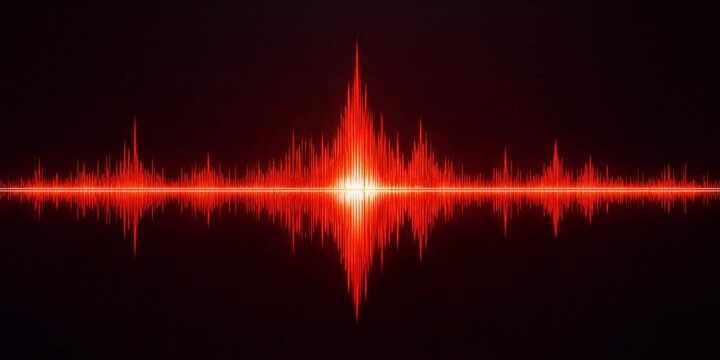 Abstract red sound wave signal waveform visualization on dark background representing audio data analysis and digital signal processing technology