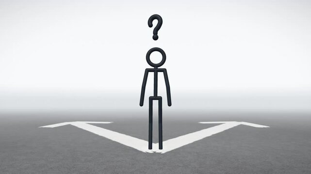 Confused stick man with question mark hesitating between two arrow paths, then shrugging undecided