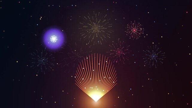 Festive golden glowing fan shell with colorful fireworks exploding on a dark starry background