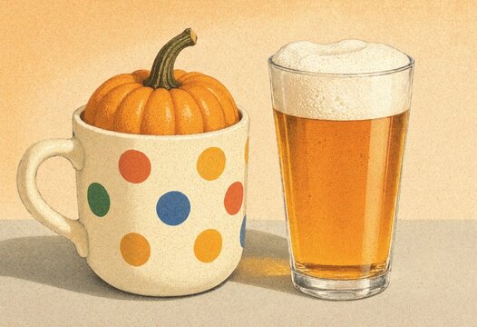 A creative illustration featuring a small pumpkin inside a polka dot mug next to a glass of beer, representing autumn and seasonal craft beverages
