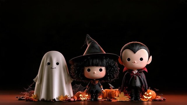 Set of animated cartoon Halloween characters, including a witch, Dracula, and a dancing witch, on a darkbackground.