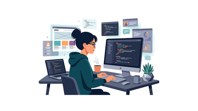 Professional female software engineer coding website layout at modern workspace flat vector illustration.