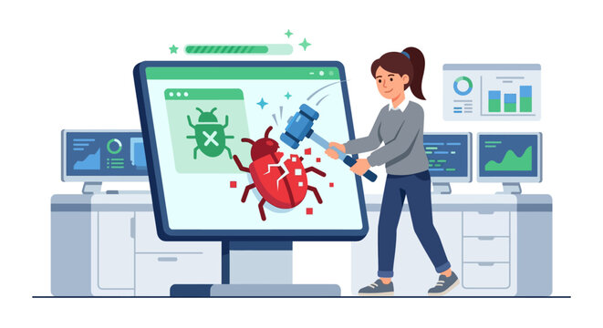 Professional female software QA tester smashing a digital bug with a hammer on a large screen flat design vector illustration