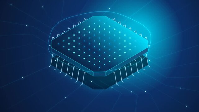 Futuristic 3D microchip animation glowing blue CPU computer processor on cyber circuit background
