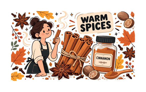 Cinnamon Spice Collection. A clean editorial banner about warm autumn spices with one cook beside an oversized cinnamon bundle and large spice jar, plus star anise, cloves, nutmeg, small spoon,