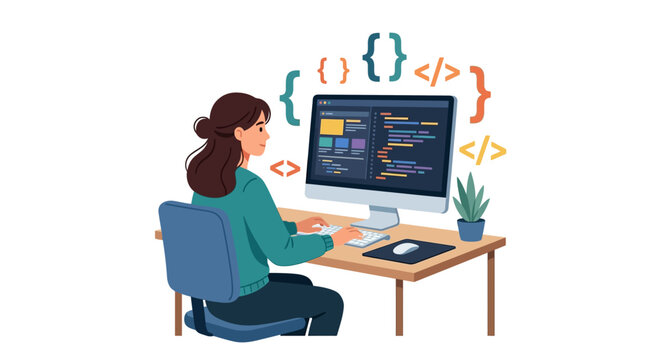 Young female web developer coding website interface on computer monitor flat design vector illustration.