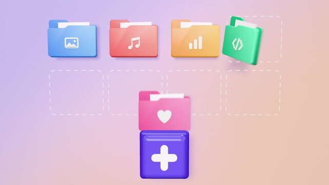 Create new folder animation, purple plus button adding colorful category folders into a grid