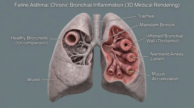Feline lungs illustrating chronic bronchial inflammation and asthma, comparing healthy bronchiole to thickened, narrowed, mucus filled airways in detailed medical 3D render, AI generated