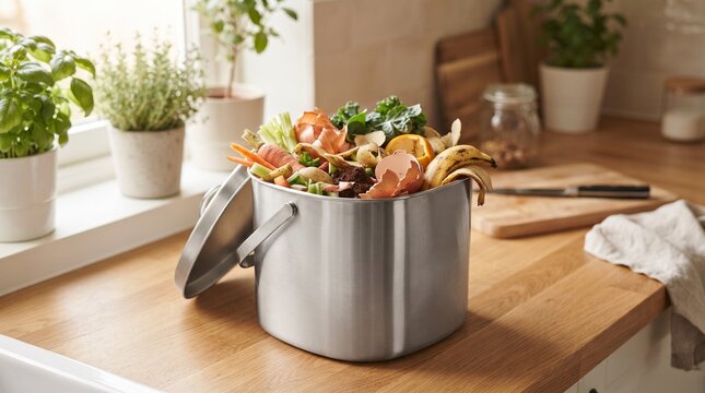 Stainless steel kitchen compost bin filled with vegetable scraps
