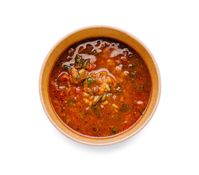 Kharcho soup, georgian cuisine, hot beef stew in takeaway bowl