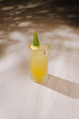 Fototapeta premium Tropical refreshing cocktail with pineapple leaf and lemon