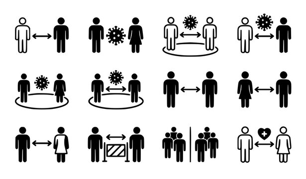 Set of social distancing icons showing people maintaining safe distance to prevent virus spread and public health safety