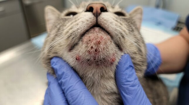Veterinary professional examining a domestic shorthair cat's chin afflicted with significant feline acne, highlighting a dermatological issue requiring medical attention and care for the animal, AI generated