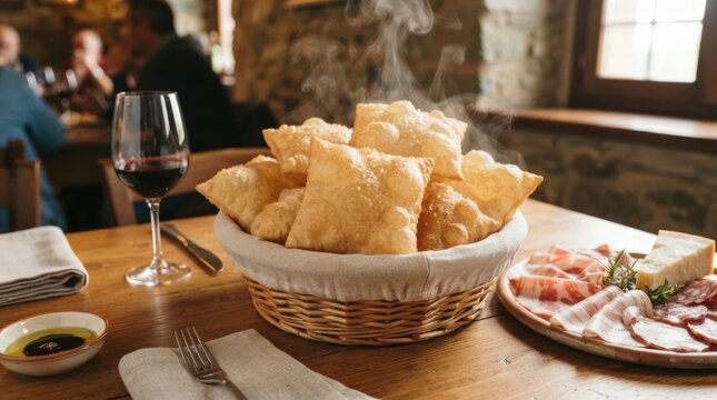 Gnocco fritto, a traditional Emilia Romagna fried dough, steaming hot, served with a selection of Italian cured meats and Parmesan cheese on a rustic wooden table, AI generated