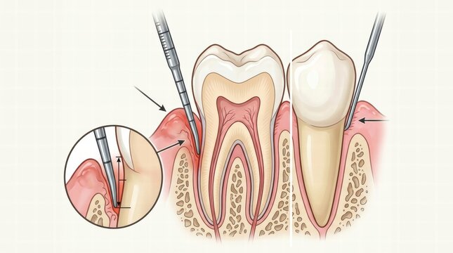 Veterinarian dentist performing periodontal probing on a dog's gum, illustrating the measurement of pocket depth around a canine tooth and diagnosing periodontal disease in animal dental health, AI generated