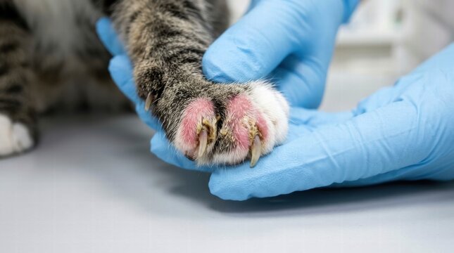 Veterinarian wearing blue gloves inspecting a cat paw showing signs of paronychia and inflammation, representing pet healthcare and veterinary medicine, AI generated