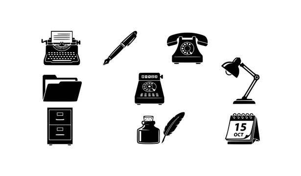Set of vintage office and business equipment icons featuring retro writing tools and classic communication devices