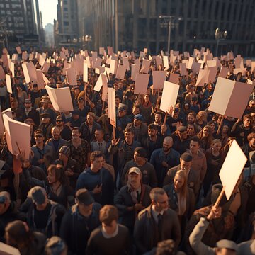 Large Crowd of Protesters with Blank Banners in City Square Demonstration