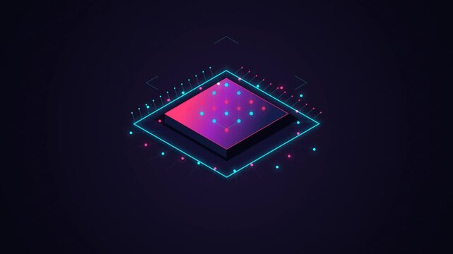 Futuristic glowing neon microchip CPU processor on dark background quantum computer hardware