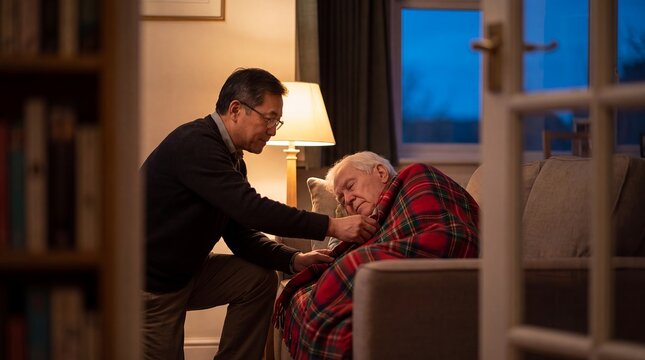 Elderly care senior support family caregiver comfort home compassion companionship A concerned man kneels beside a tired older adult in an armchair and offers reassuring for senior care campaigns