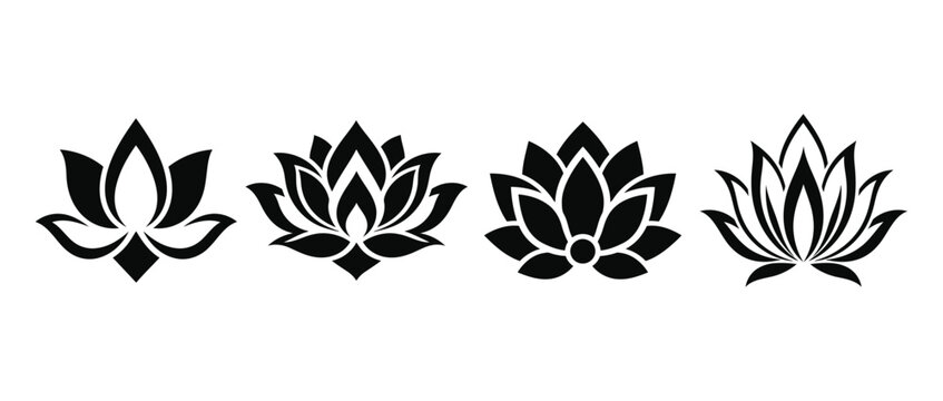 Set of four stylized lotus flower icons in black and white silhouette with lotus icon lotus design nature icon botanical icon flower graphic lotus illustration minimalist ico