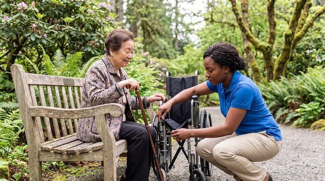 Elderly care wheelchair caregiver senior woman park mobility assistance cane A caregiver prepares a wheelchair beside an older woman seated on a garden bench with her cane for senior care campaigns