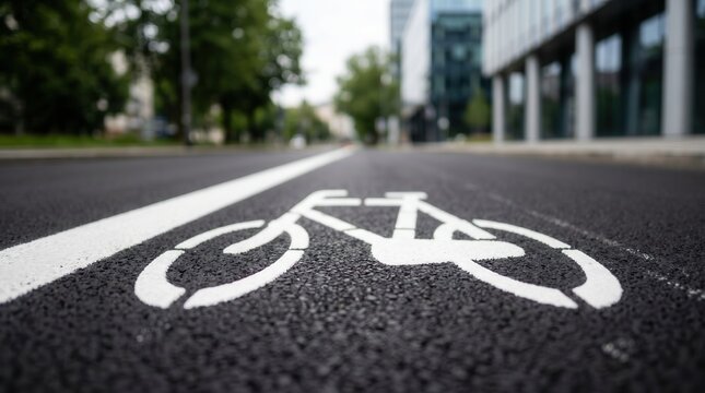 Painted bicycle symbol marks empty asphalt bike lane on modern city street. Clear road marking designates dedicated commuter path alongside urban office buildings and leafy green trees.