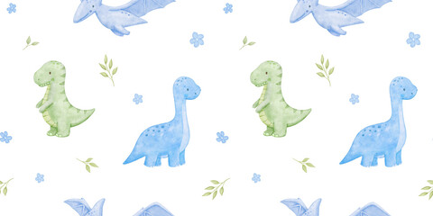 Cute baby dinosaurs tyrannosaurus watercolor seamless pattern. Repeating green and blue hand painted background for textiles and wallpaper. Backdrop for kids, boy nursery © Elena