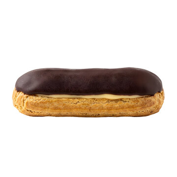 Chocolate eclair pastry with custard filling on transparent background