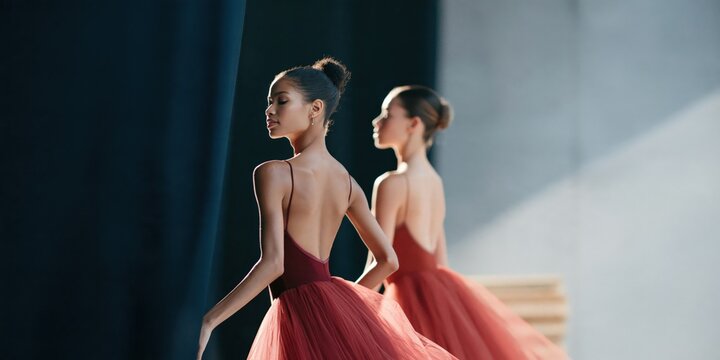 Two ballet dancers in burgundy tulle skirts on studio stage back view for poster and banner background