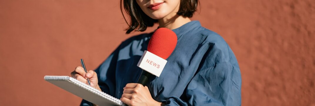 Female journalist holding a red microphone and writing in a notebook during a press interview for news banner and media background design and reportage layout
