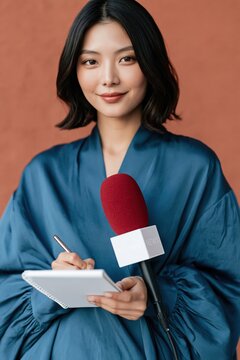 Female journalist writing in notepad with red microphone for press interview portrait and reporting background for journalistic story coverage