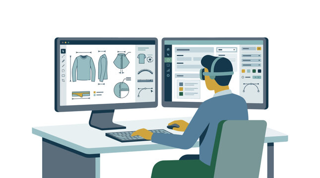Professional fashion designer creating technical garment specifications on dual monitors flat vector illustration.