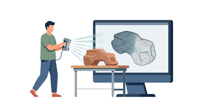 Professional industrial designer scanning prototype with 3D scanner for digital engineering flat vector illustration