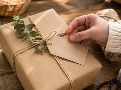 A hand carefully attaches a kraft paper tag to a brown paper gift, creating a warm, rustic scene.