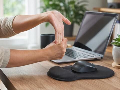 A woman stretches her hand and forearm on a bright, modern wooden desk, demonstrating ergonomic awareness.