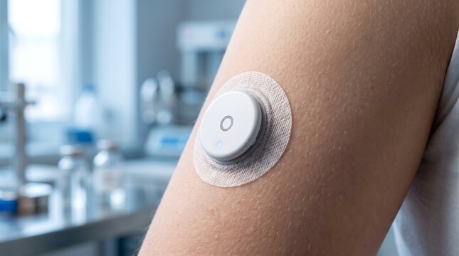 Continuous glucose monitor sensor attached to a human arm for real-time blood sugar tracking and diabetes management in a clinical interior environment.