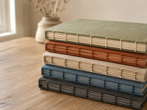 Five handmade books are stacked in a layered composition on a weathered wooden surface, creating a calm and inviting atmosphere.
