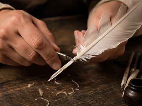 A man meticulously shapes a quill pen with a small blade on a dark wooden surface, creating a focused atmosphere.