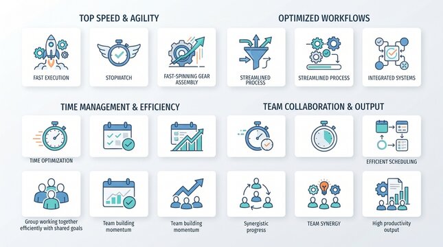 Business process icons, workflow speed and agility, team collaboration and efficiency symbols, optimized performance vectors isolated on Transparent Background