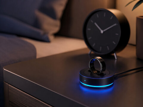 A sleek, dark ring is charging on a circular, illuminated base in a dimly lit bedroom. The base emits a soft blue glow. Technology