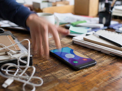 A woman is holding her hand over a smartphone displaying a phone call screen, focused on a cluttered wooden desk.