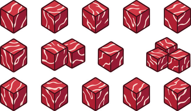 Isometric Raw Beef Meat Cubes Set with White Marbling Texture for Butcher Shop, Grill BBQ, and Gourmet Steakhouse Culinary Menu Designs