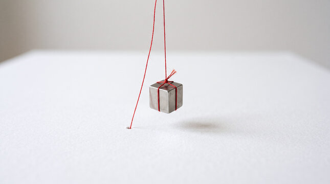 Tiny gift box hanging by a red string on a white background, minimal concept of surprise