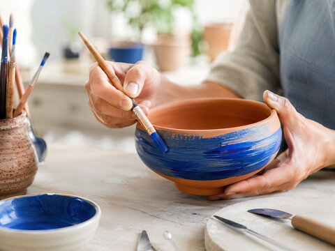 A woman meticulously paints a ceramic bowl with blue paint in a bright, airy studio. The overall mood is calm and creative, with a focus on the process of crafting.