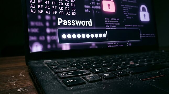 Laptop screen displaying password entry field with glowing dots and code on keyboard security login cybersecurity cyber security cybersecurity protection data security