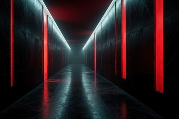 Fototapeta premium Dark long corridor with red neon light strips on black marble walls. Mysterious empty tunnel features dramatic lighting, deep shadows. Modern minimalist interior design creates moody sci-fi