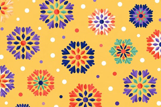 Decorative radial floral snowflake pattern on warm yellow background for holiday wallpaper and decorative wrapping design with colorful rosette motifs
