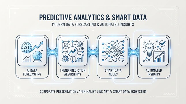 Predictive Analytics & Smart Data infographic, blue line art icons for machine learning and AI forecasting business presentation template isolated on Transparent Background